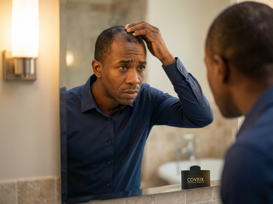 Man checking hair in mirror