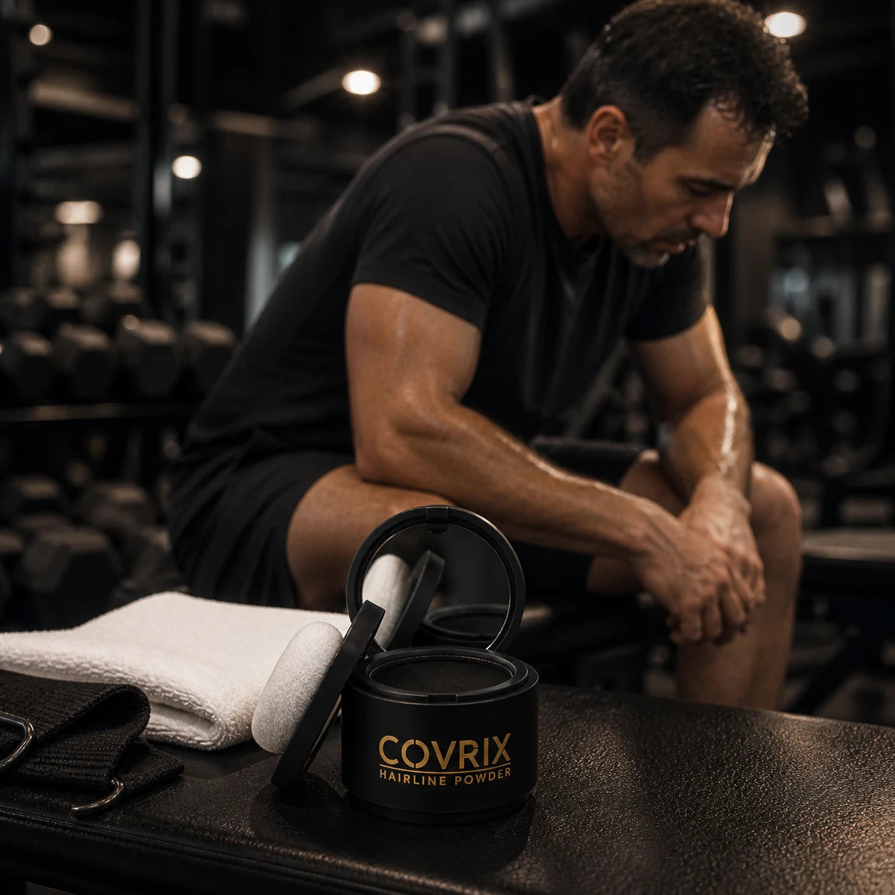 Open Covrix Hairline Powder compact on a gym bench beside a towel after a workout