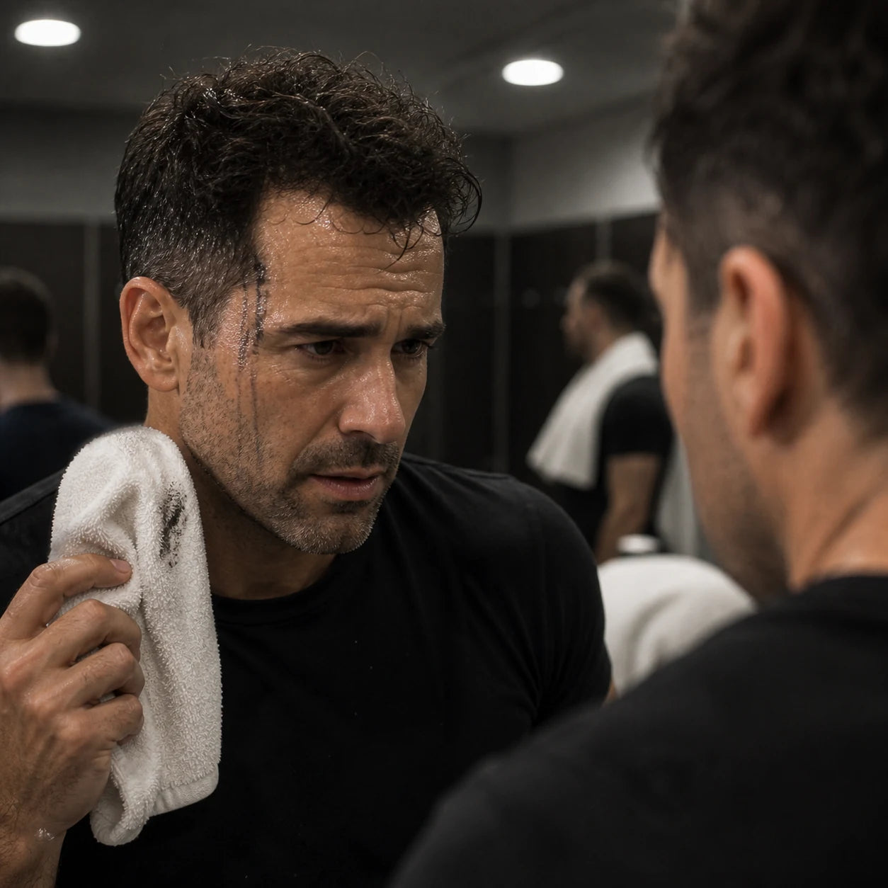 Editorial recreation of a man discovering loose hair fiber runoff at his temple after a workout