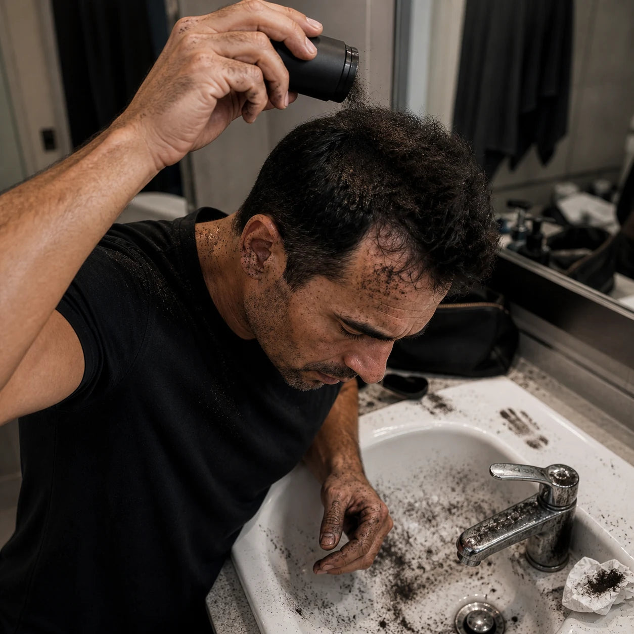 Editorial recreation of loose hair fibers scattered across a bathroom sink, hands, and shirt