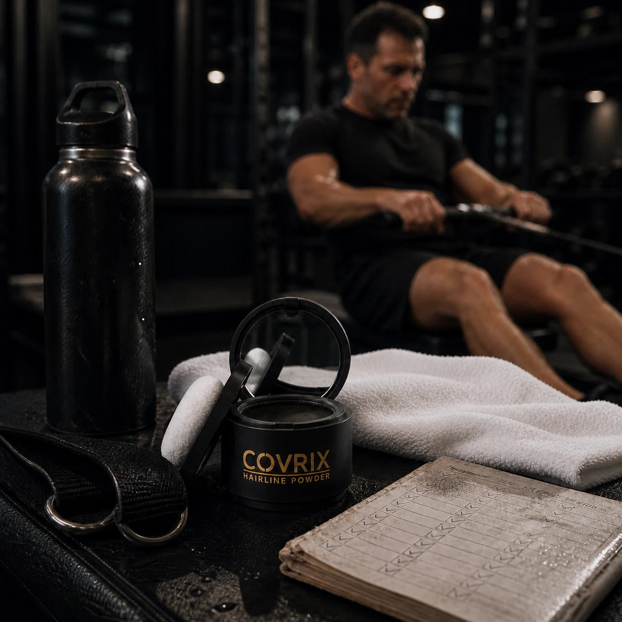 Covrix compact beside a clean gym towel and training gear while a man works out in the background