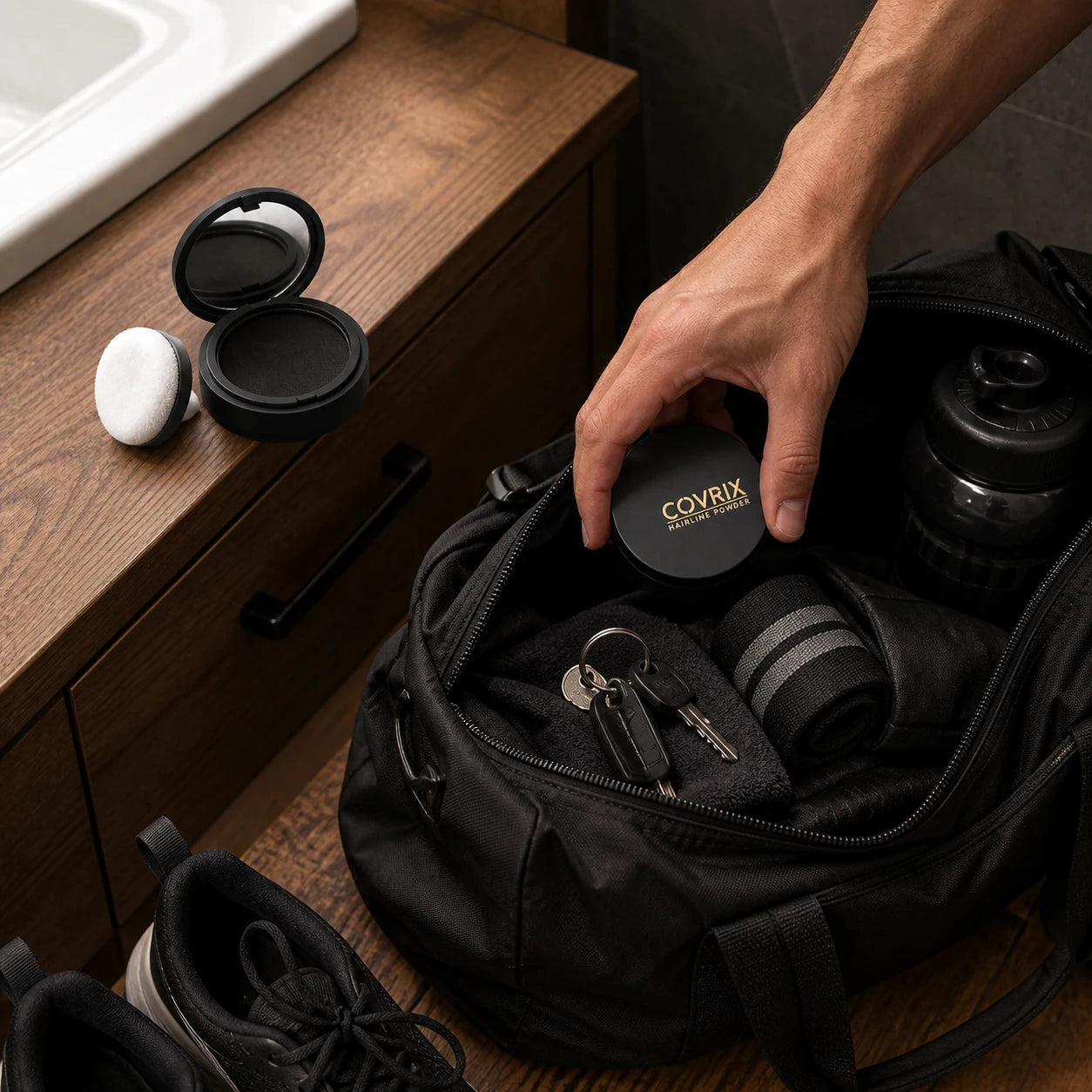 One Covrix compact on a vanity and a second compact being placed inside a gym bag