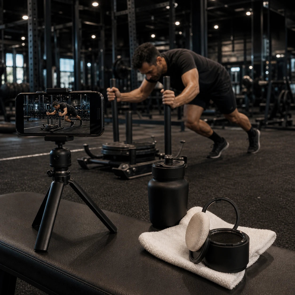Documentary test setup with a phone recording a man beginning a gym workout