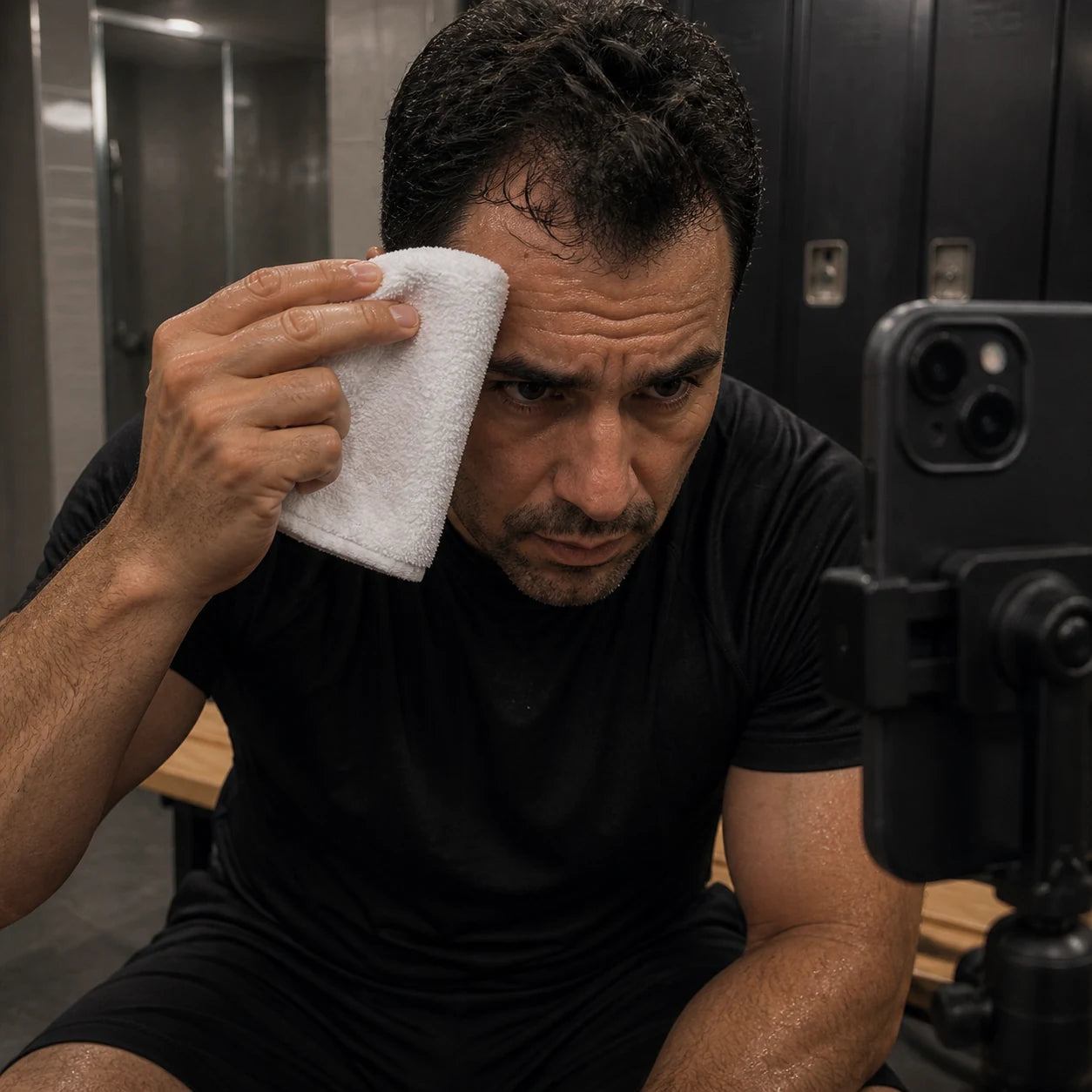 White-towel test setup recorded on a phone with the towel and hairline in view