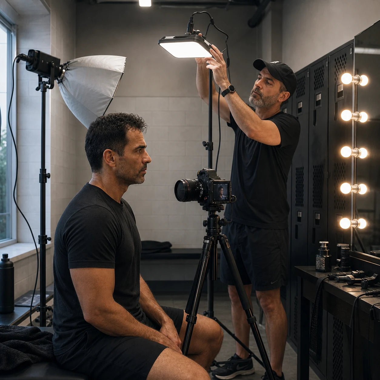 Hairline photography setup using vanity, gym, and daylight-style lighting